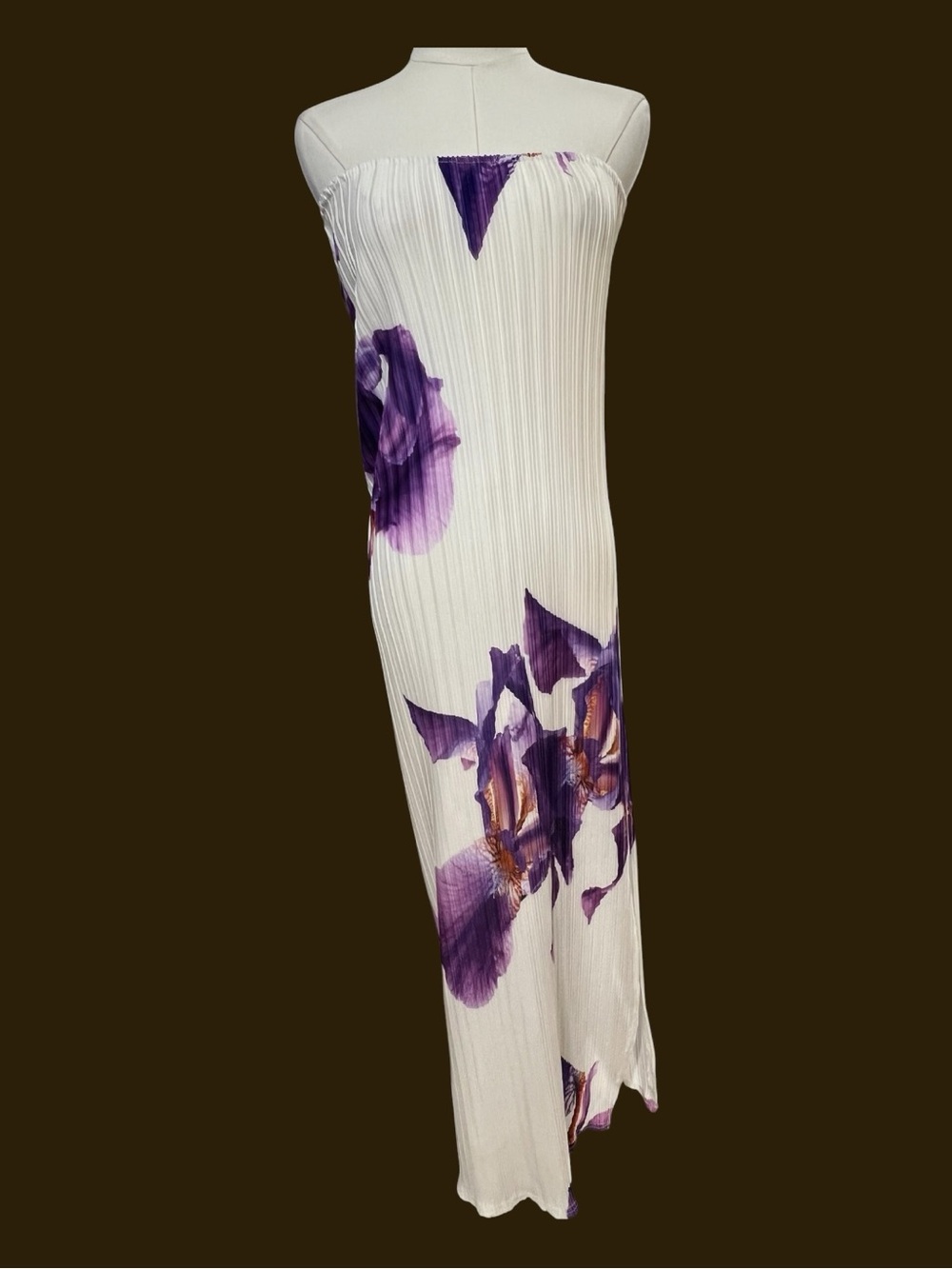🆕 NWT PrettyLittleThing White Purple Floral Pleated Strapless Maxi Dress | Size